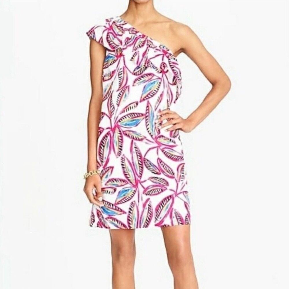 NWT J.CREW Women's Sz M One Shoulder Ruffle Tropical Print Linen Dress Hawaiian